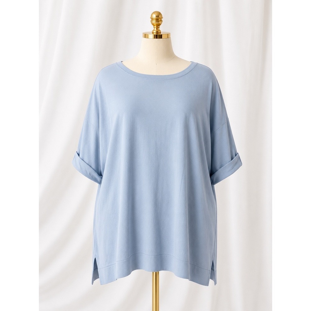 LOGO Principles Tee Top 3X Blue Oversized Cuffed Sleeve Soft Cotton Modal